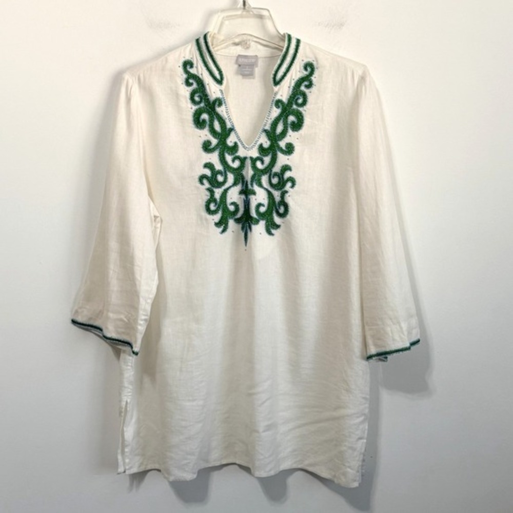 Chicos Embellished Linen Blend Novetly Tunic Top 2 Size 12/14 Green Beaded White